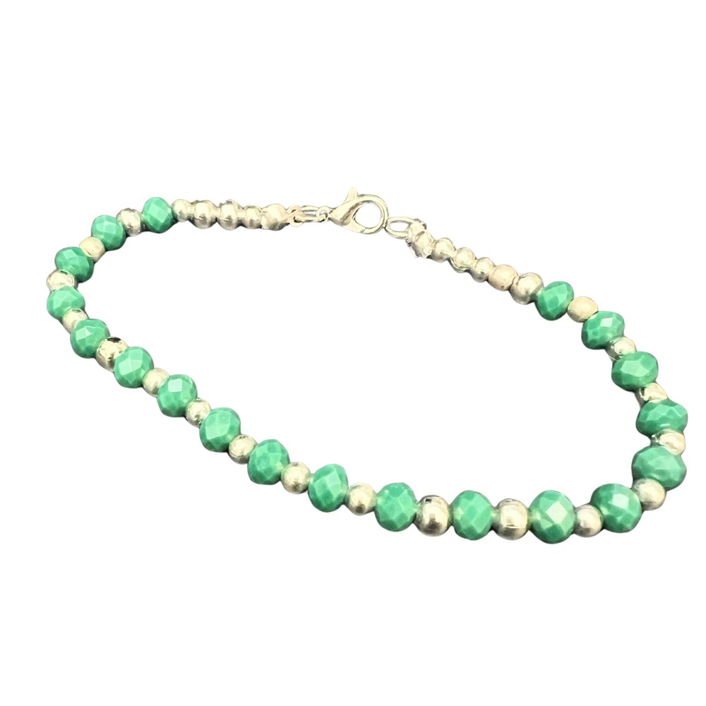 Green Faceted Bead and Silver Tone Spacer Lobster Clasp Bracelet Boho Style